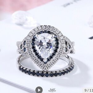 🖤🖤NWOT- PEAR SHAPE GORGEOUS STERLING SILVER BLACK AND DIAMOND CZ RING SZ 7🖤🖤